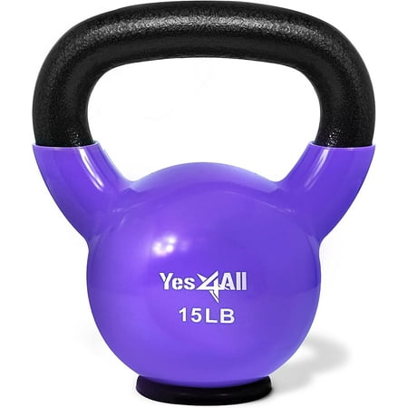 Yes4All 15lb Vinyl Coated / PVC Kettlebell with Rubber Base, Purple, Single