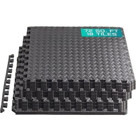 Yes4All 18 pcs Interlocking Exercise Foam Mats, Cover 72 sqft, 7/16 inch, Black Color