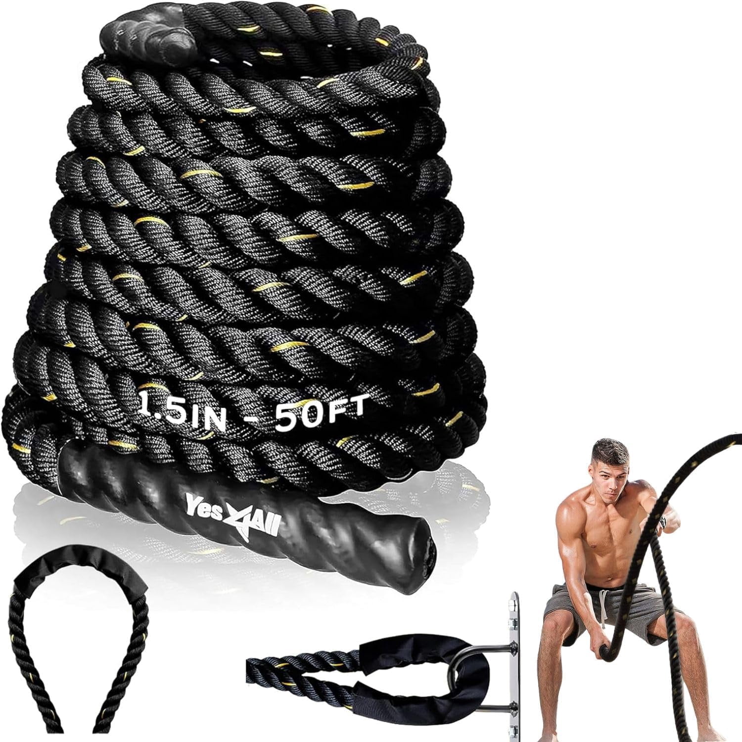 Protective Ropes Yes4All 2 Inch Battle Ropes with Protective Sleeve, Workout Ropes for ...
