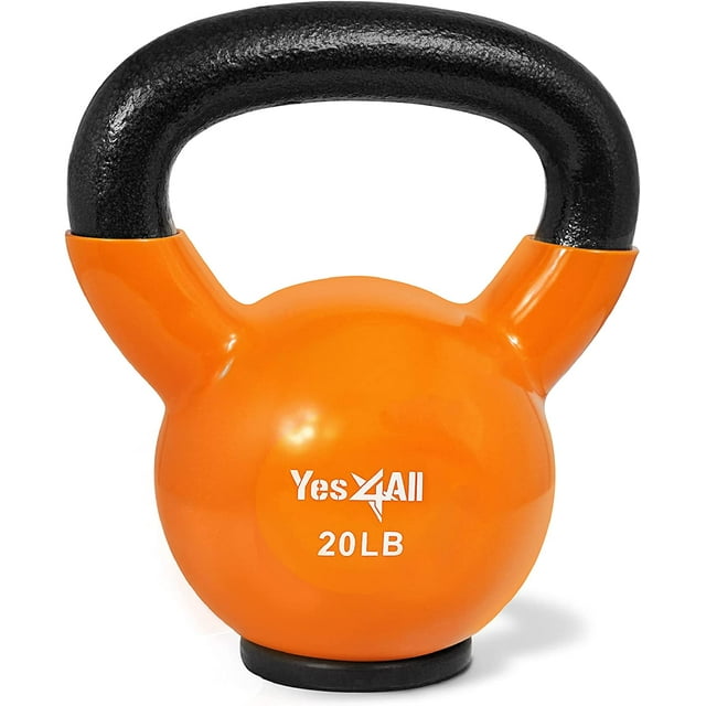 Yes4All 20lb Vinyl Coated / PVC Kettlebell with Rubber Base, Orange, Single