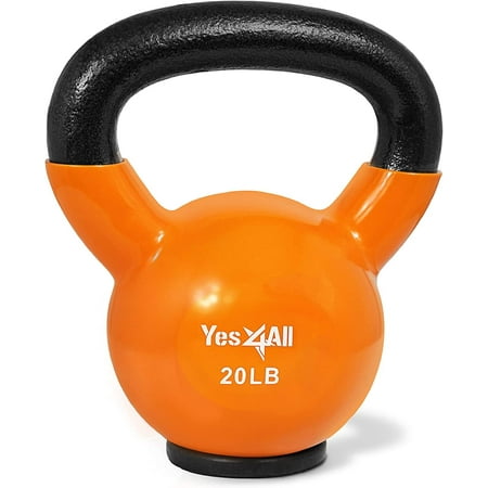 Yes4All 20lb Vinyl Coated / PVC Kettlebell with Rubber Base, Orange, Single