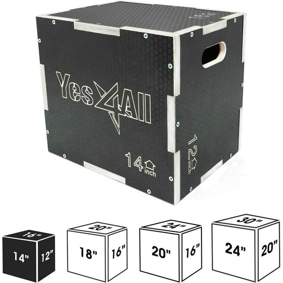Yes4All 3-in-1 Wooden Plyo Box, Non Slip Surface with Hex Grip, Three Different Height, 24" 20" 16", Black Color