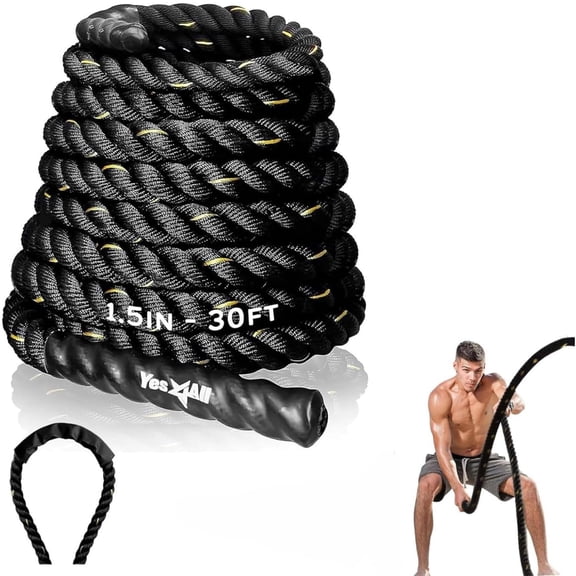 Yes4All 30' Battle Rope, 1.5" Thick for Home Gym Cross-Training, No Cover, Black