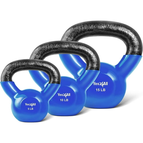 Yes4All 30 lb Vinyl Coated / PVC Kettlebell, Blue, Combo / Set, Includes 5-15lb