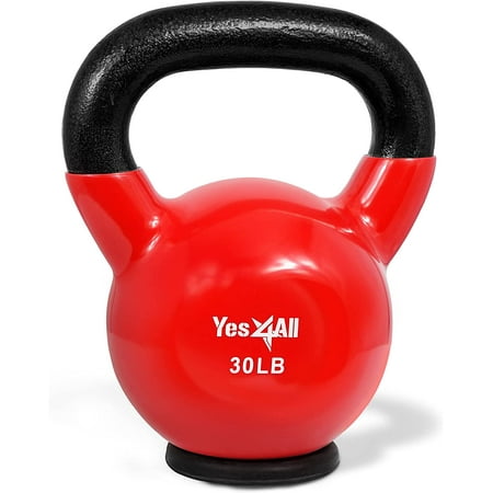 Yes4All 30lb Vinyl Coated / PVC Kettlebell with Rubber Base, Red, Single