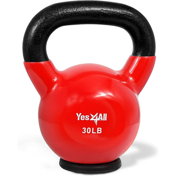 Yes4All 30lb Vinyl Coated / PVC Kettlebell with Rubber Base, Red, Single