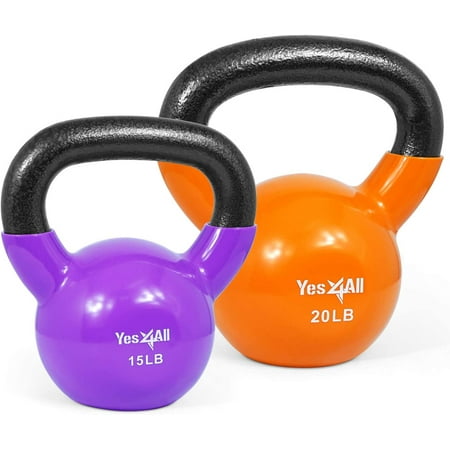 Yes4All 35 lb Vinyl Coated / PVC Kettlebell, Multicolor, Combo / Set, Includes 15-20lb