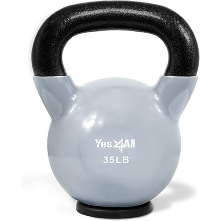 Yes4All 35lb Vinyl Coated / PVC Kettlebell with Rubber Base, Gray, Single