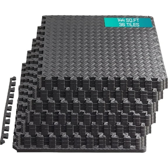 Yes4All 36 pcs Interlocking Exercise Foam Mats, Cover 144 sqft, 7/16 inch, Black Color