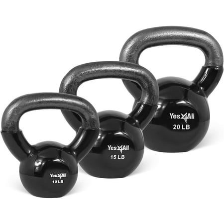 Yes4All 45 lb Vinyl Coated / PVC Kettlebell, Black, Combo / Set, Includes 10-20lb