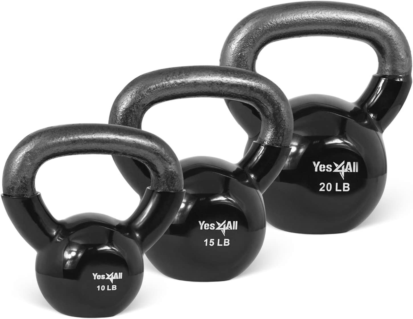 Yes4All 45 lb Vinyl Coated / PVC Kettlebell, Black, Combo / Set, Includes 10-20lb - image 1 of 8