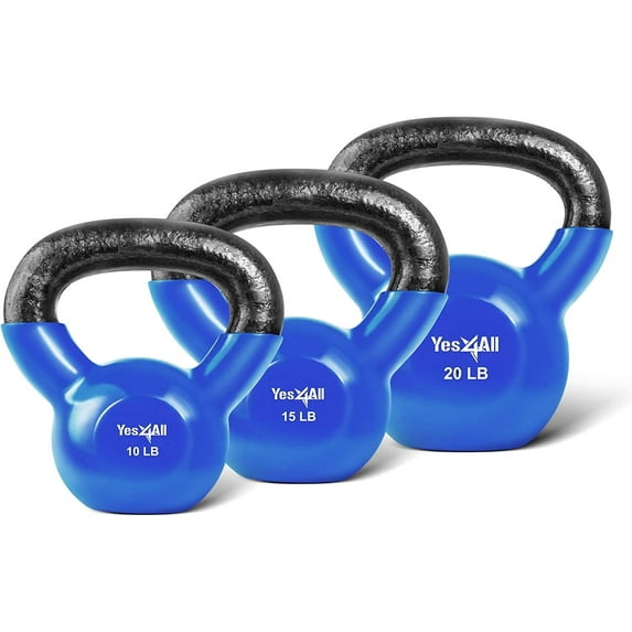 Yes4All 45 lb Vinyl Coated / PVC Kettlebell, Blue, Combo / Set, Includes 10-20lb