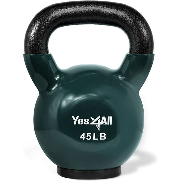 Yes4All 45lb Vinyl Coated / PVC Kettlebell with Rubber Base, Dark Green, Single