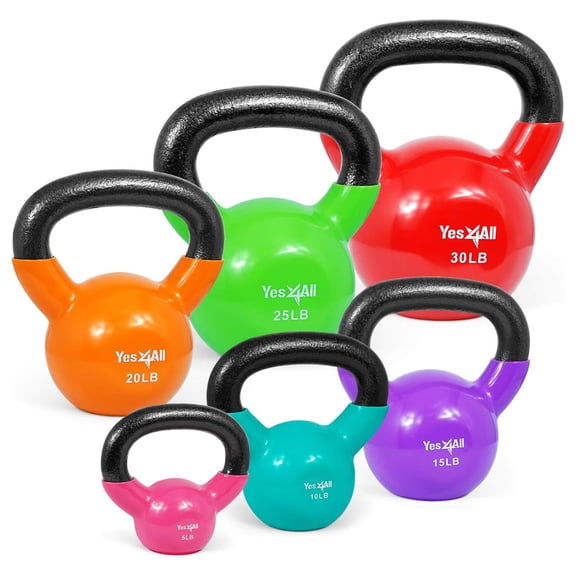 Yes4All 5, 10, 15, 20, 25, & 30lb Kettlebell Set, Vinyl Coat Cast Iron Weights, Multi