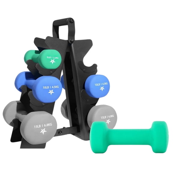 Yes4All 5-10-15 LBS Pair, Neoprene Coated Dumbbell Sets of 2 with Metal Rack – Hexagonal, Anti-Slip, Anti-Roll Design, Multiple Weight Options for Home Gym Fitness
