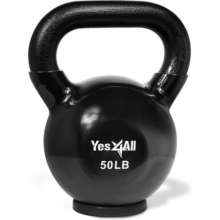 Yes4All 50lb Vinyl Coated / PVC Kettlebell with Rubber Base, Black, Single