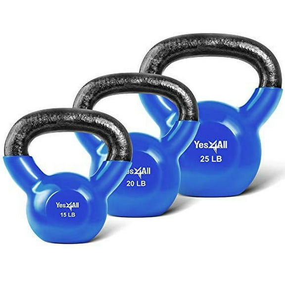 Yes4All 60 lb Vinyl Coated / PVC Kettlebell, Blue, Combo / Set, Includes 15-25lb