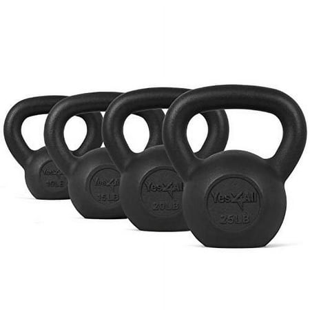 Yes4All 70 lb Cast Iron Kettlebell, Black, Combo / Set, Includes 10-25lb