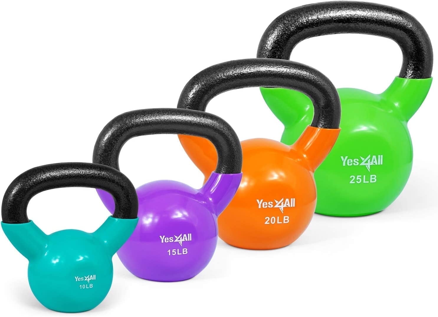 Yes4All 70 lb Vinyl Coated / PVC Kettlebell, Multicolor, Combo / Set, Includes 10-25lb