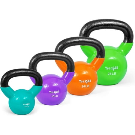 Yes4All 70 lb Vinyl Coated / PVC Kettlebell, Multicolor, Combo / Set, Includes 10-25lb