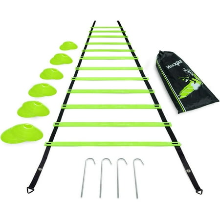 Yes4All Agility Ladder 12 Rungs Lime + Agility 12 Cones Lime + Steel Stakes Combo