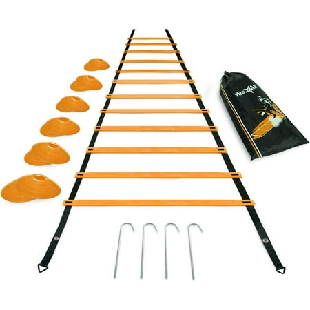 Yes4All Agility Ladder 12 Rungs Orange + Agility 12 Cones Orange + Steel Stakes Combo