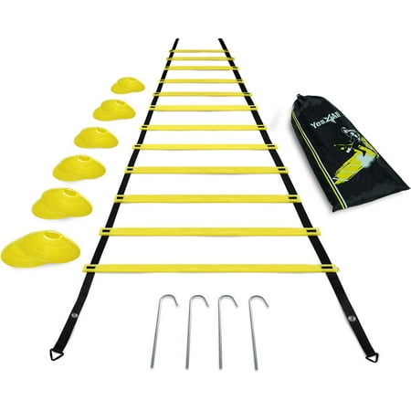 Yes4All Agility Ladder 12 Rungs Yellow + Agility 12 Cones Yellow + Steel Stakes Combo