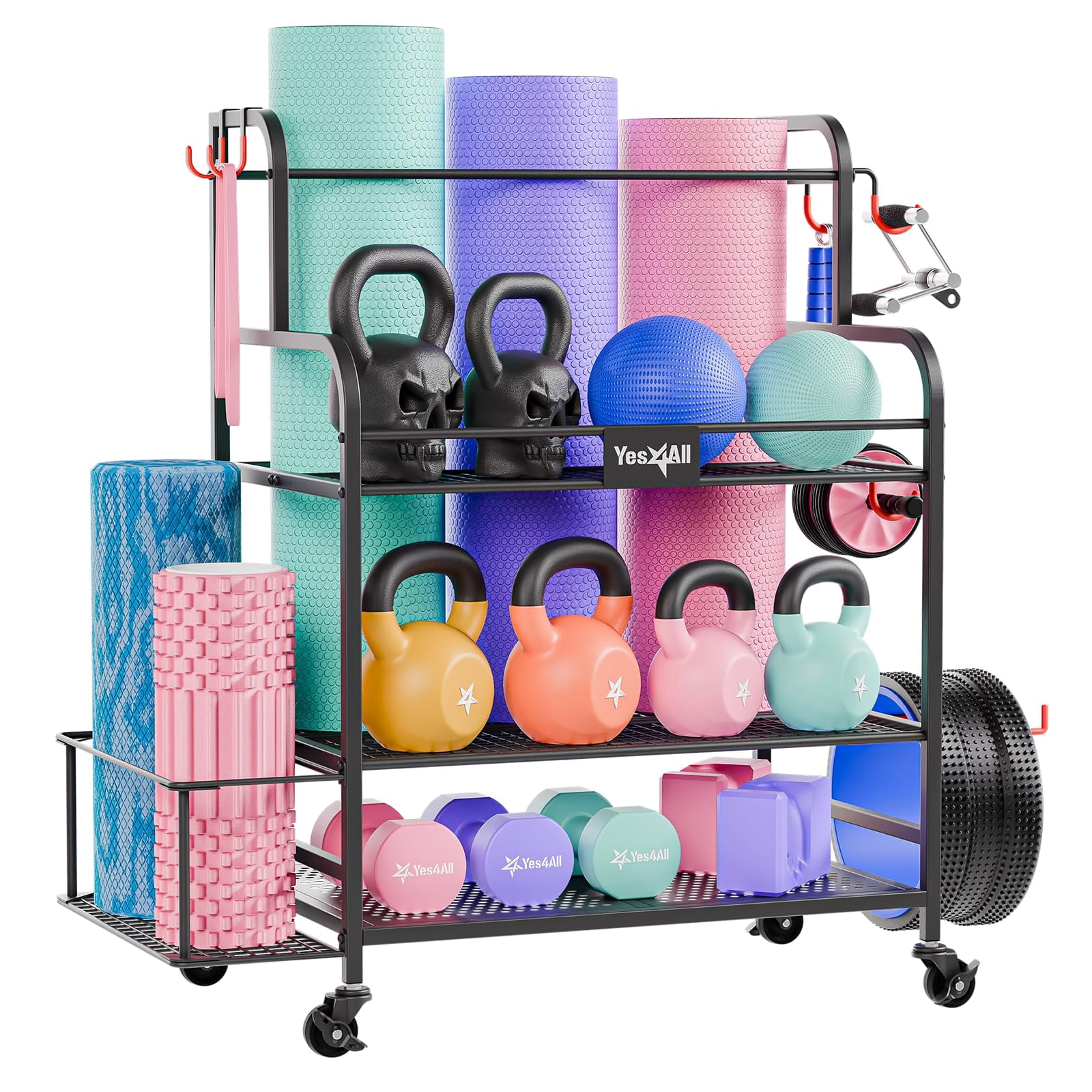 Yes4All Dumbbell Rack, Weight Rack for Home Gym, Sports Equipment Organizer for Dumbbells Kettlebells Yoga Mat Foam Roller and Balls, All in One Gym Workout Storage with Wheels and Hooks, Black