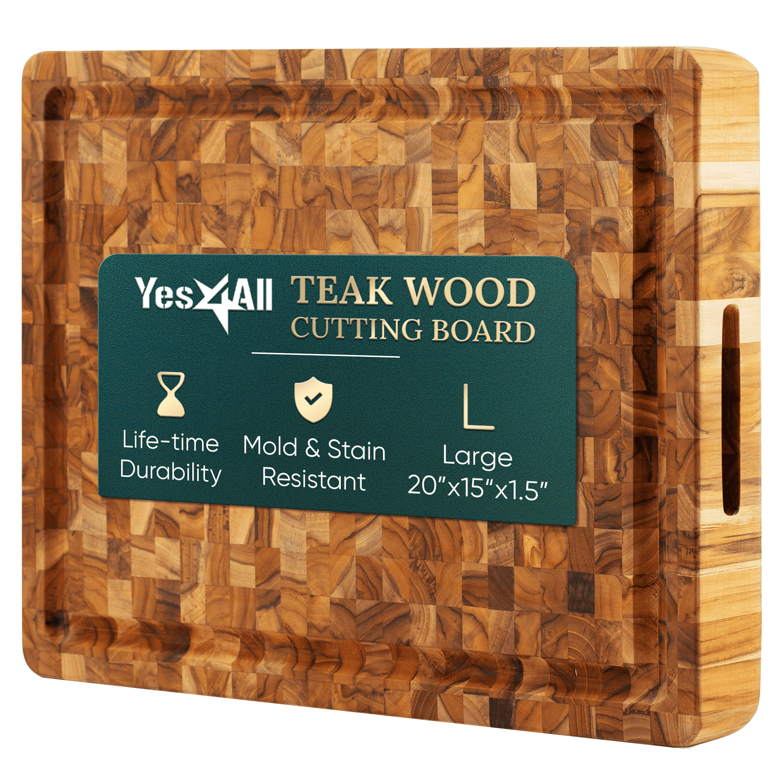 Yes4All Durable Teak Cutting Boards, [20''L x 15''W x 1.5” Thick], End