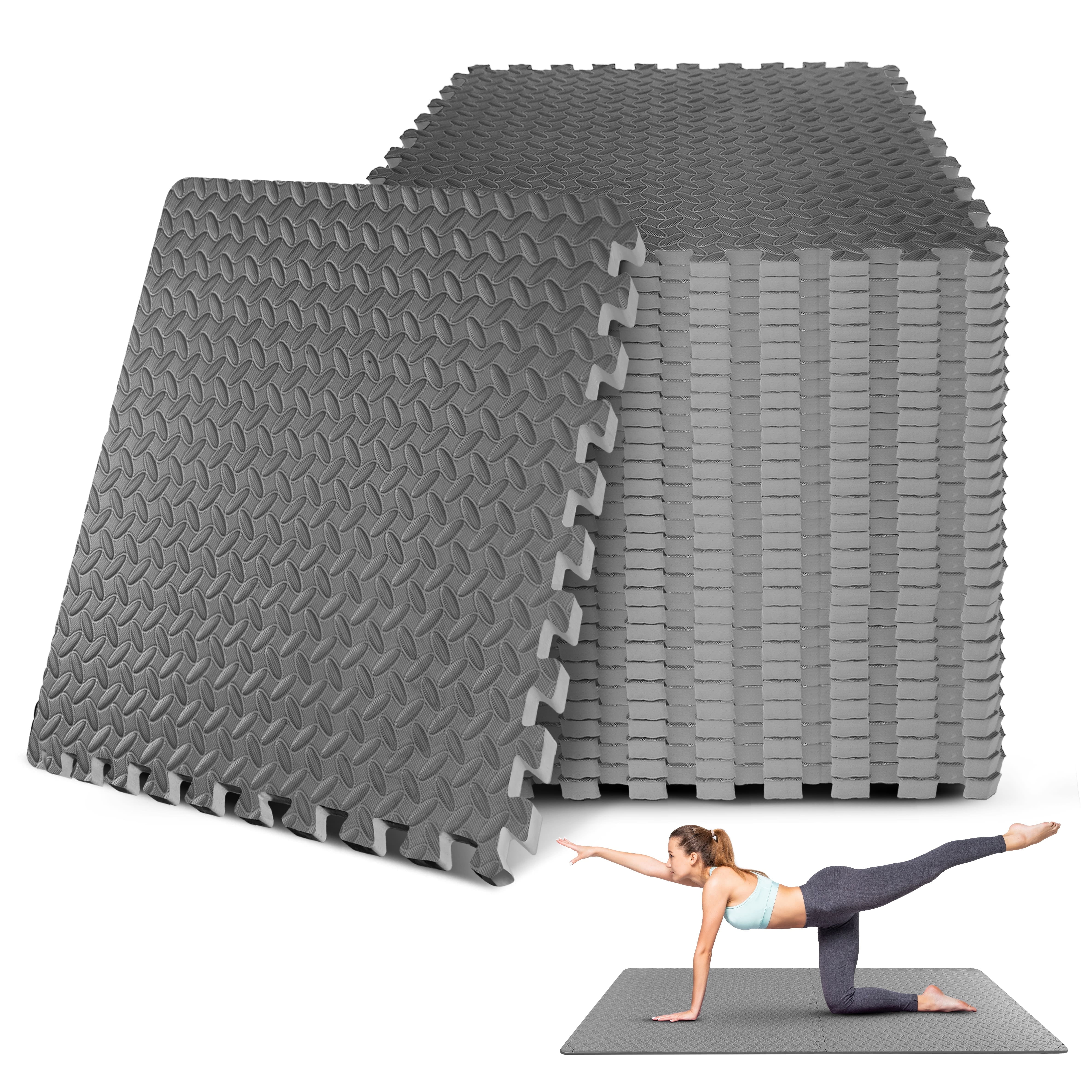 Yes4All Gym Flooring for Home Gym, 120 SQ. FT Puzzle/Interlocking Exercise Mat, EVA Foam Floor Tiles Padding with Border, Gray