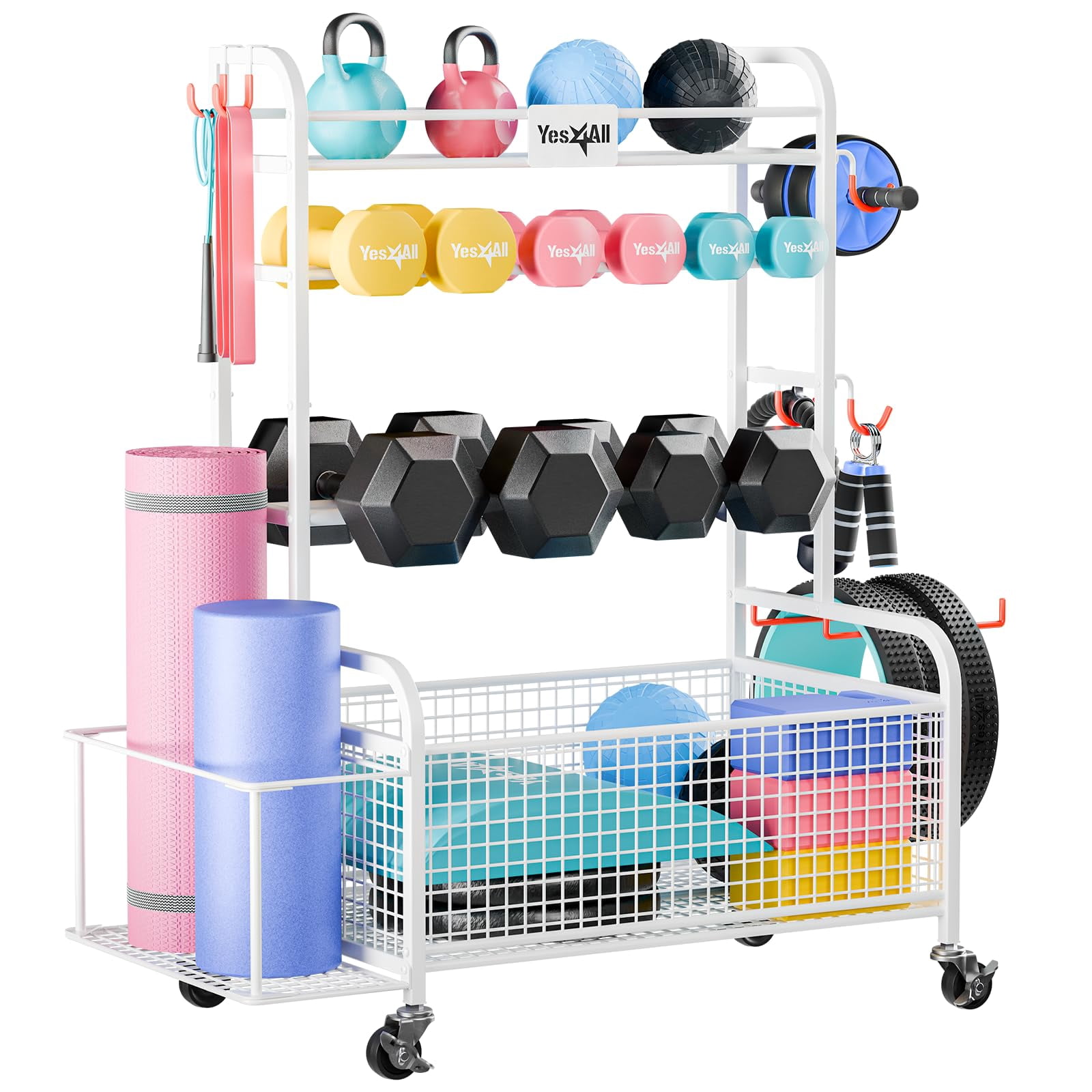 Yes4All Gym Storage Rack with 360 Degree Swivel Lockable Casters 400lbs Loading Capacity for Dumbbells Kettlebells, Workout Equipment Organizer, and Home Weight Storage Rack with Hooks (Steel, White)
