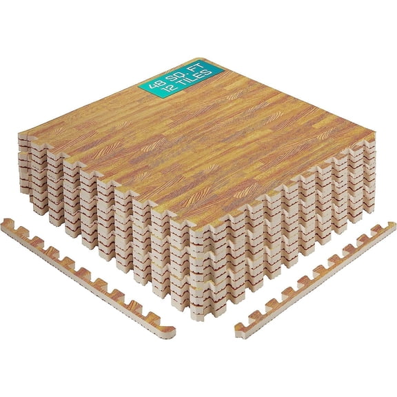 Yes4All Interlocking Foam Exercise Mat, 7/16" Thick, 24x24", 48 Sq Ft, Light Oak Wood