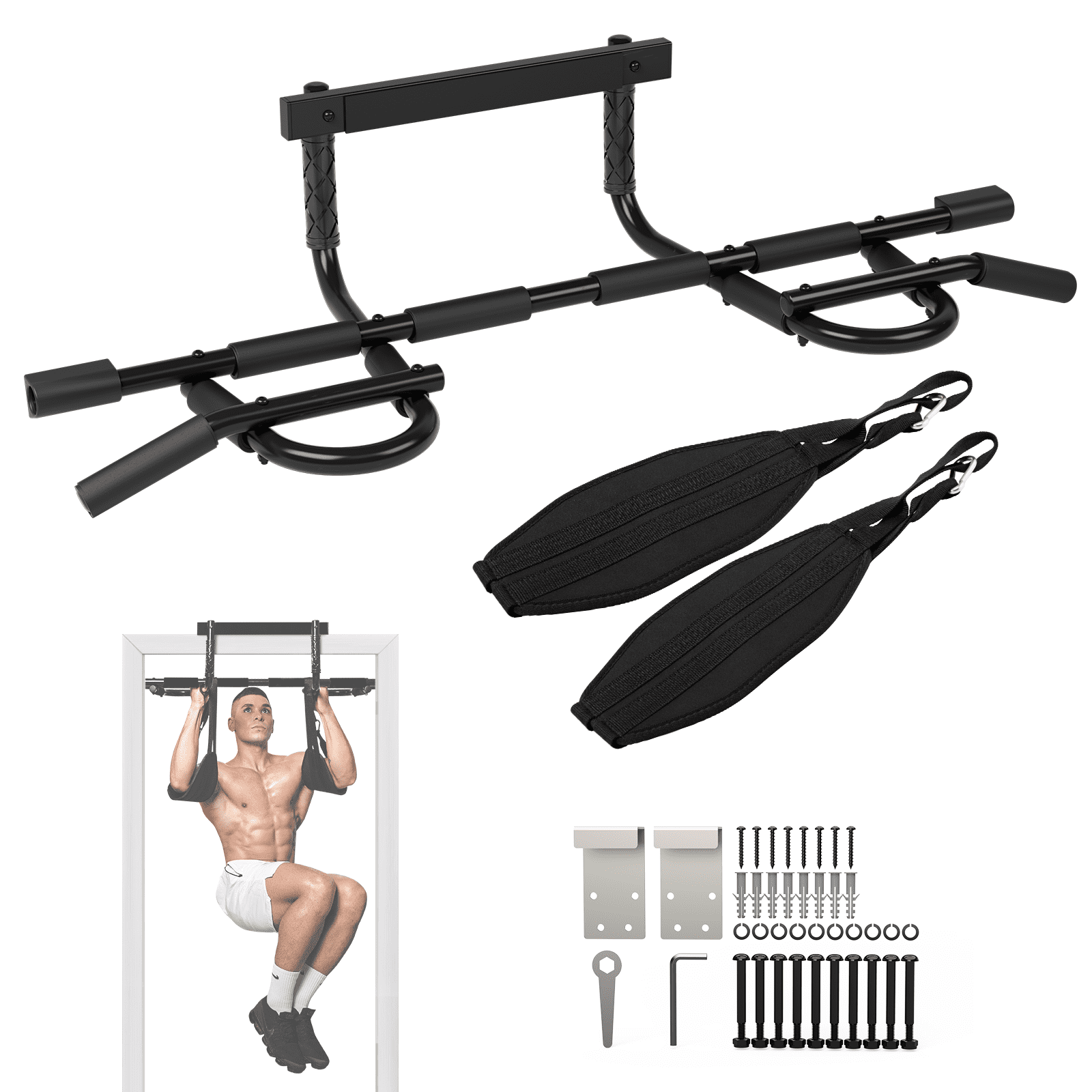 Yes4All Pull Up Bar for Doorway & Ab Straps, Solid 1 Piece Main