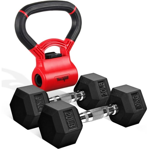 Yes4All Rubber Hex Dumbbell with Kettle Grip, 20lb Pair (Red)