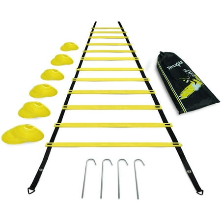Yes4All Speed Agility Ladder with Carry Bag – Multi Choice: 8, 12, 20 Rung (Lime 12 Rung + 12 Cones + Steel Stakes)