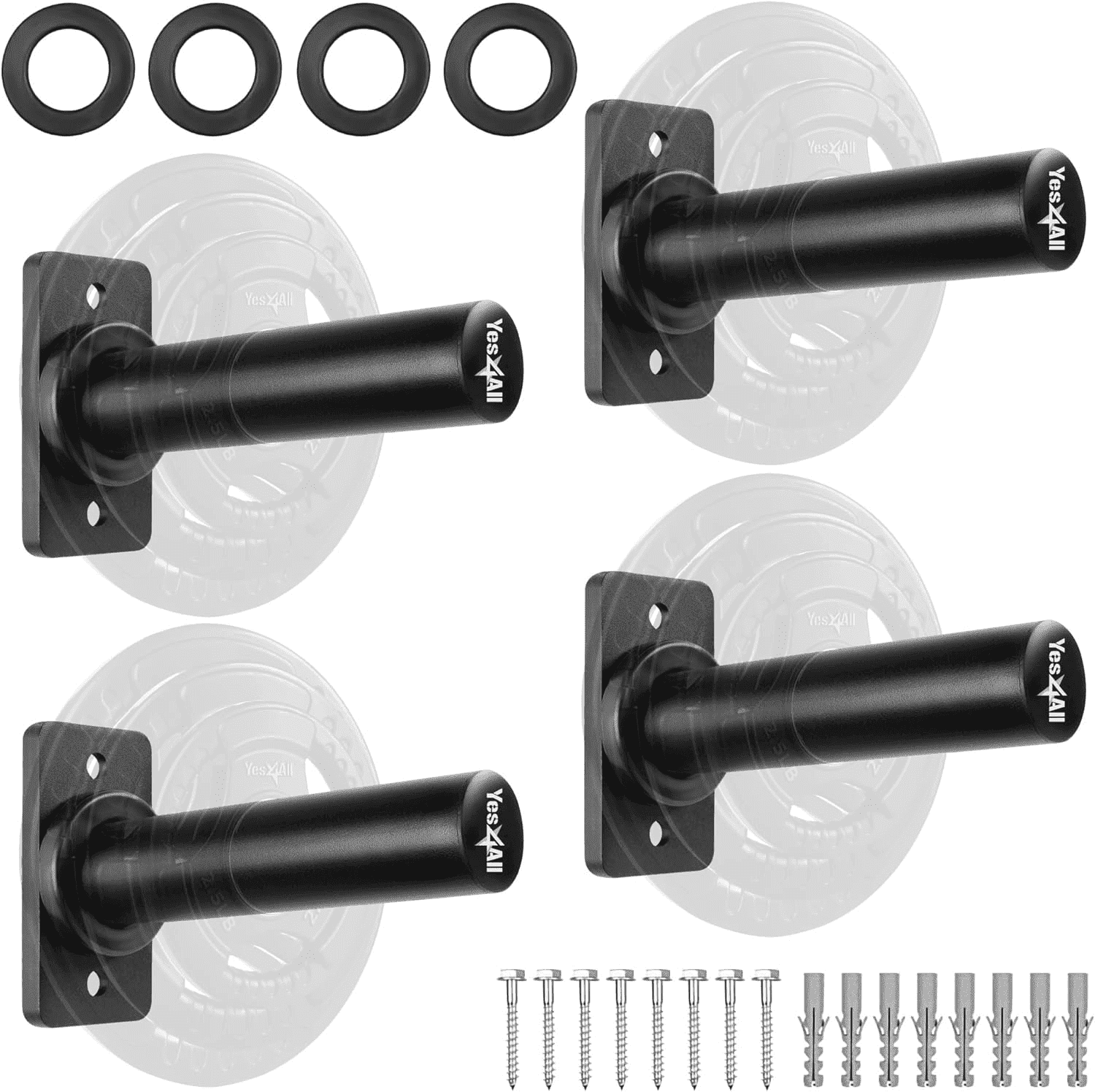 Yes4All Wall Mounted Weight Plate Holder - Fit 2inch Olympic Weight Plates, Protective Rubber Pad - 4 PCS