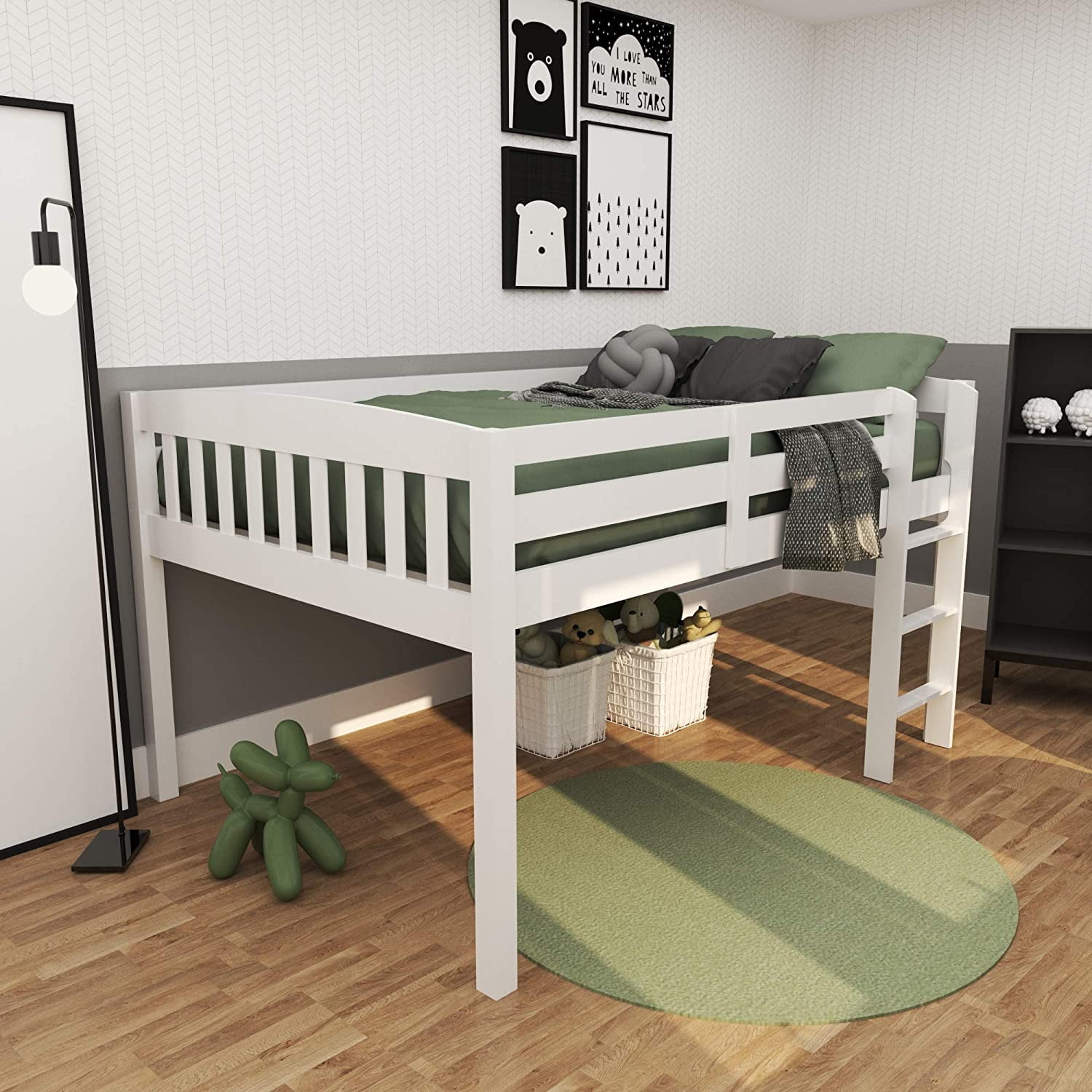 Yes4Wood Elbrus Solid Wood Full Size Low Loft Bed Frame with Stairs