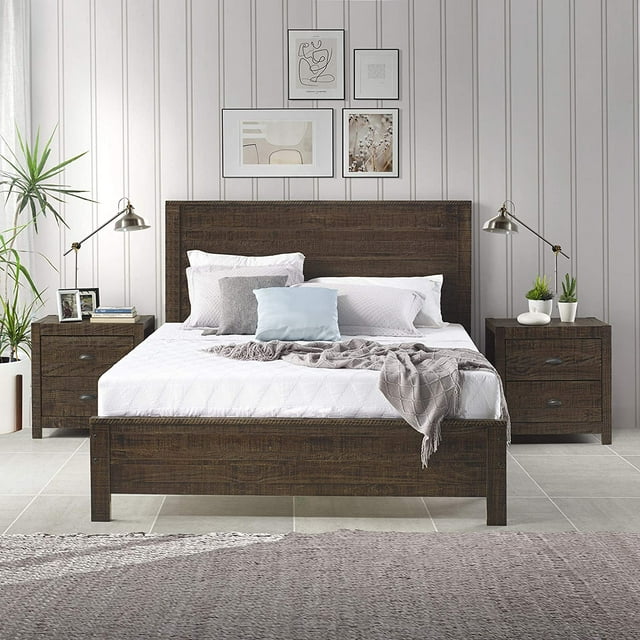 Yes4wood Solid Wood Queen Bed Frame with Headboard, Heavy Duty Modern Rustic Queen Size Bed