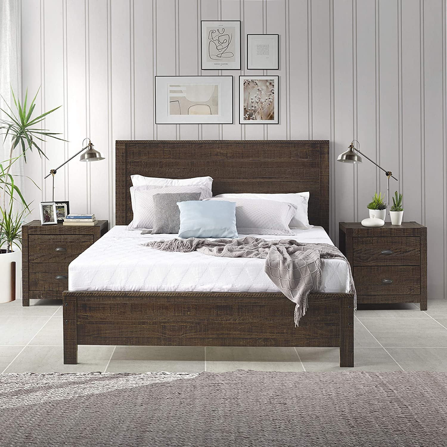 Yes4wood Solid Wood Queen Bed Frame With Headboard Heavy Duty Modern 