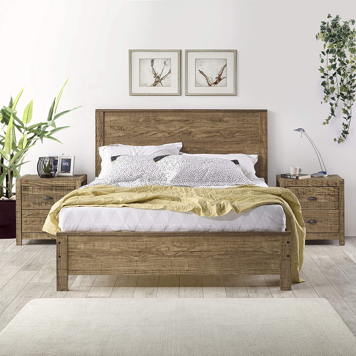 Yes4wood Solid Wood Queen Bed Frame with Headboard, Heavy Duty Modern ...