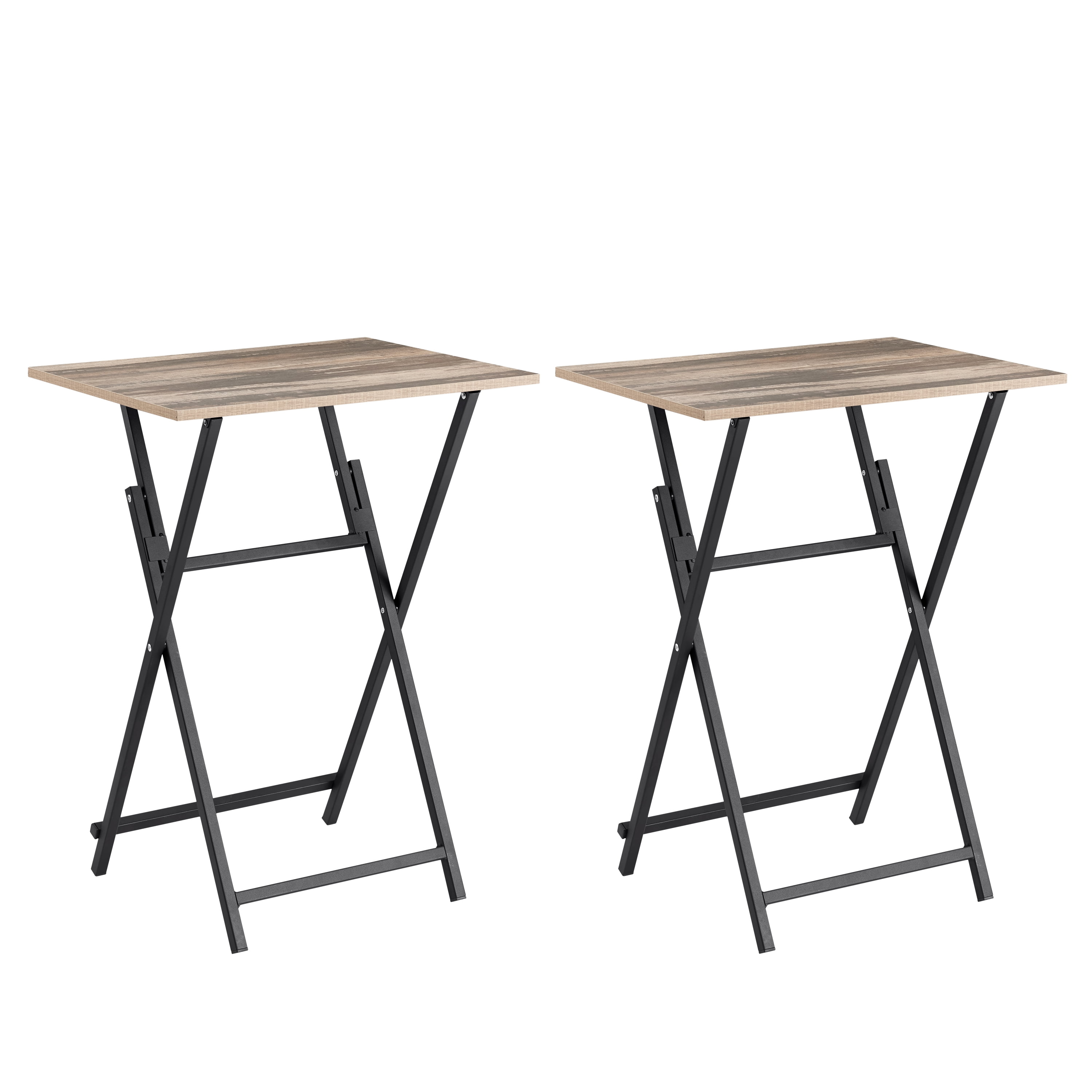 Antique Brown Metal and Wood Folding Patio Tray Table Set
