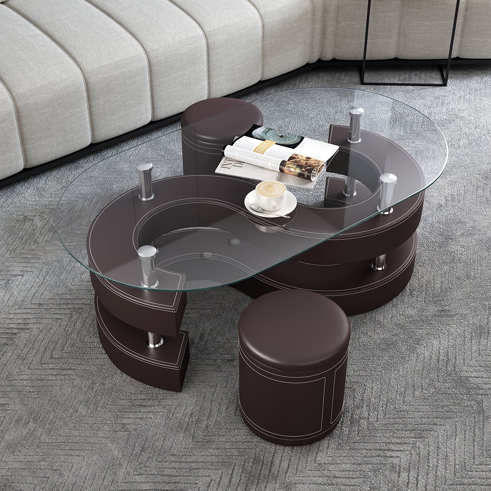 YesFashion 3 Pieces Coffee Table Set, Oval 0.39" Thick Tempered Glass