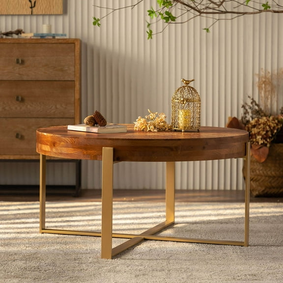 YesFashion 33.86" Modern Round Coffee Table Metal & Wood Splicing Round Coffee Table,Fir Wood Table Top with Gold Cross Legs Base Retro Splicing End Table