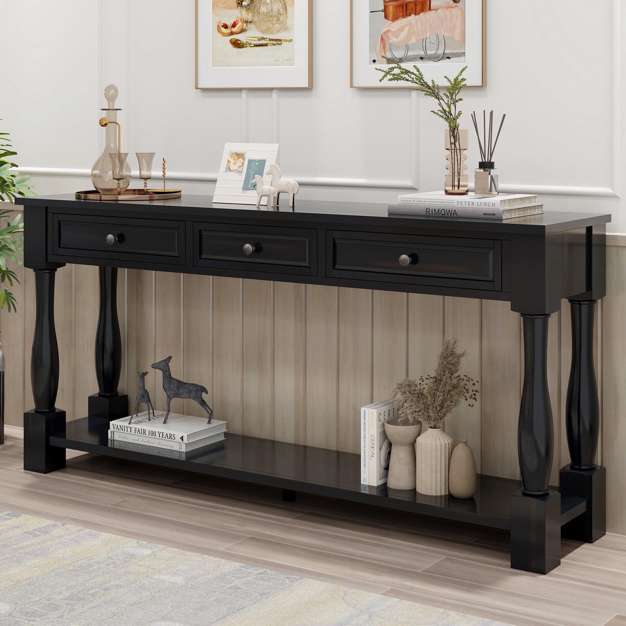 YesFashion 63 Inch Long Console Table with Drawers And Bottom Open ...