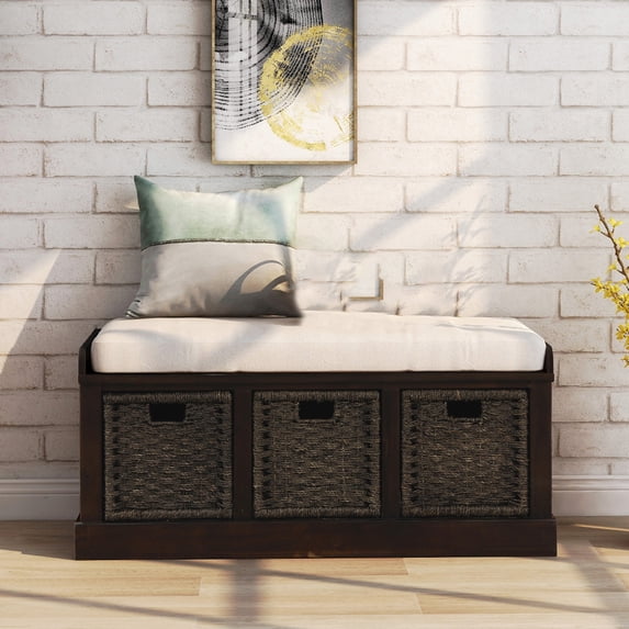 YesFashion Entryway Storage Bench, Shoe Storage Bench with Removable Cushion, 3 Removable Rattan Basket, Hand-woven Rattan Frame for Living Room, Hallway