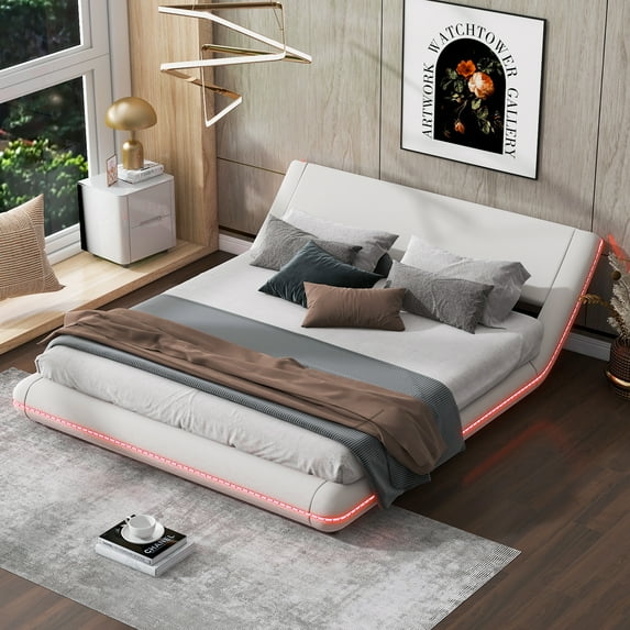 YesFashion Full Size/Queen Size Upholstery Platform Bed Frame with Sloped Headboard Floor Bed Frame Contemporary Wave-Like Design Platform Bed for Bedroom Guest Room