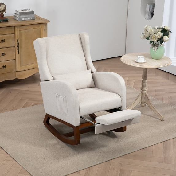 YesFashion Rocking Chair, Nursery Rocking Chair with Retractable Footrest, Side Pocket, High Backrest Upholstered Rocking Chair for Living Room, Kids Room, Bedroom