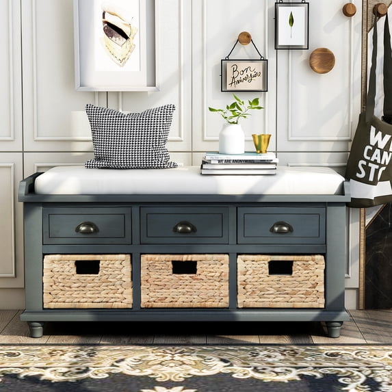 YesFashion Storage Bench Rustic Bedroom Storage Bench with 3 Drawers And 3 Rattan Baskets Shoe Bench Wooden Bench with Storage for Living Room, Bedroom, Entryway, Hallway