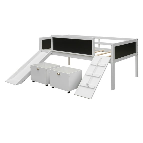 YesFashion Twin Size Loft Bed,Twin Bed Frame with 2 Storage Boxes,Climbing Frame,Slide,Double-sided Chalkboard,Guardrail Multi-Functional Wood Loft Bed