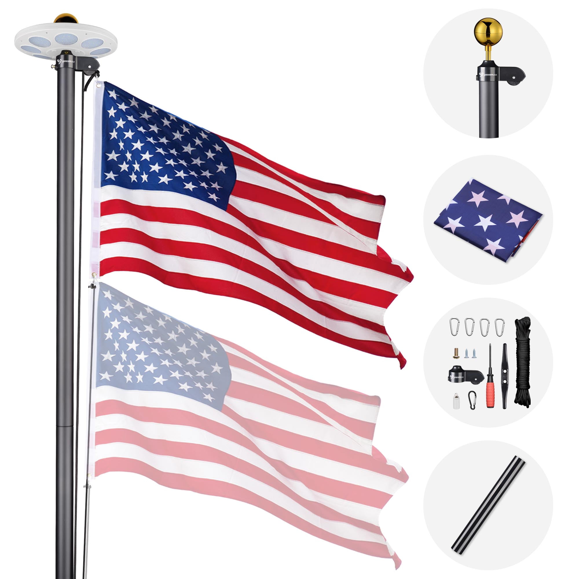 25Ft Black Aluminum Flagpole Kit with Solar LED Light and US Flag